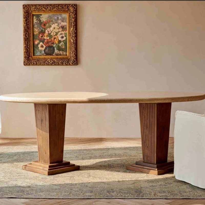 Mango Wood Pillar Dining Table – Rustic Finish by Sunrise Furniture, handcrafted with premium mango wood, white rustic top, and light walnut polished legs.