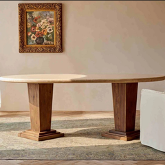 Mango Wood Pillar Dining Table – Rustic Finish by Sunrise Furniture, handcrafted with premium mango wood, white rustic top, and light walnut polished legs.