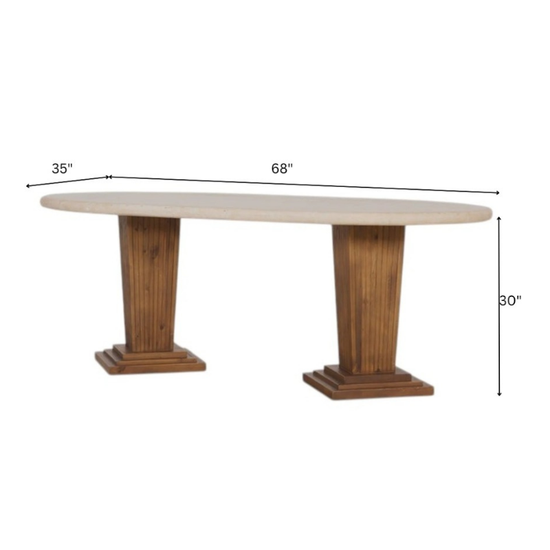 Mango Wood Pillar Dining Table dimensions showing length, width, and height, handcrafted from mango wood with white rustic top and light walnut polished legs by Sunrise Furniture.