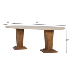 Mango Wood Pillar Dining Table dimensions showing length, width, and height, handcrafted from mango wood with white rustic top and light walnut polished legs by Sunrise Furniture.