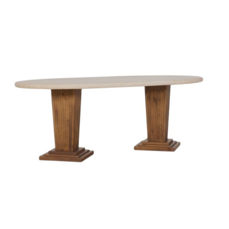Front view of Mango Wood Pillar Dining Table with white rustic top and light walnut polished legs by Sunrise Furniture.