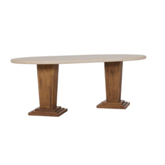 Front view of Mango Wood Pillar Dining Table with white rustic top and light walnut polished legs by Sunrise Furniture.