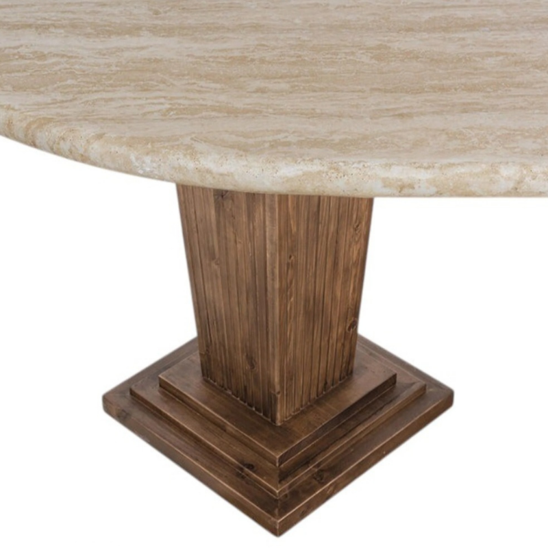 Side view of Mango Wood Pillar Dining Table showcasing solid mango wood construction, white rustic top, and light walnut polished legs by Sunrise Furniture.