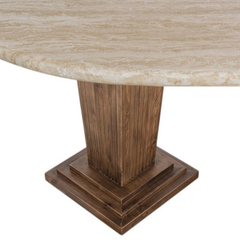 Side view of Mango Wood Pillar Dining Table showcasing solid mango wood construction, white rustic top, and light walnut polished legs by Sunrise Furniture.