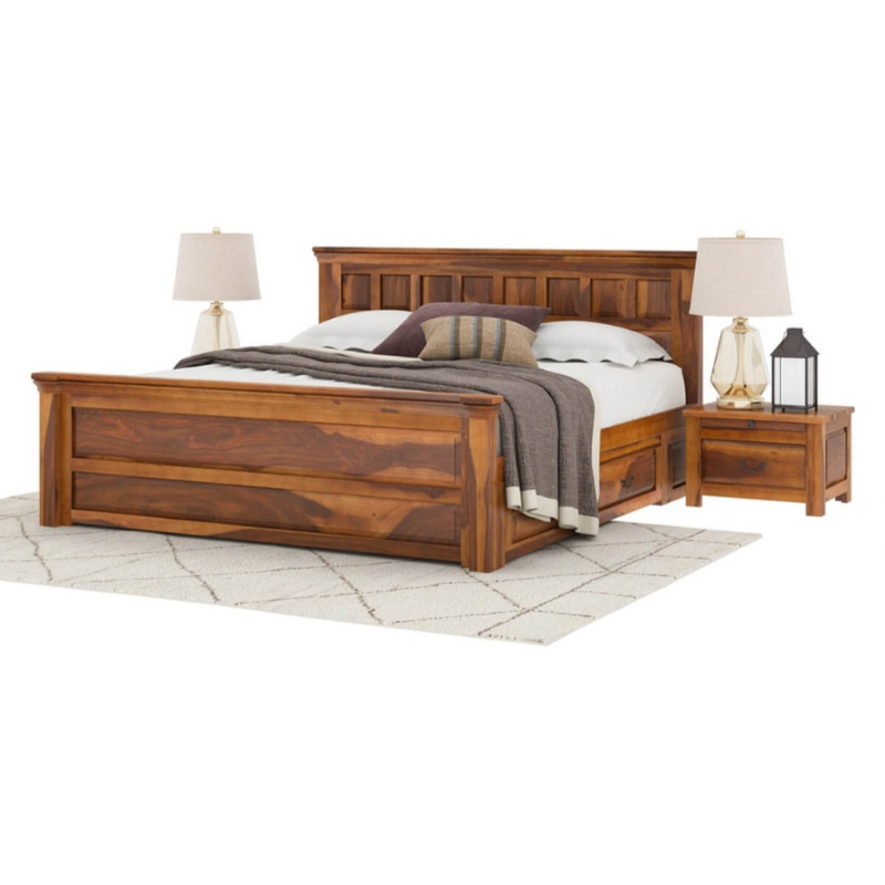 Selog design trolley storage double bed in sheesham wood with storage drawers