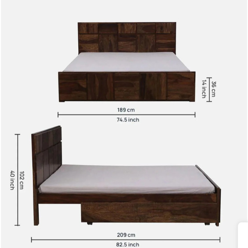 Big Blokes sheesham wood trolley storage double bed with drawers