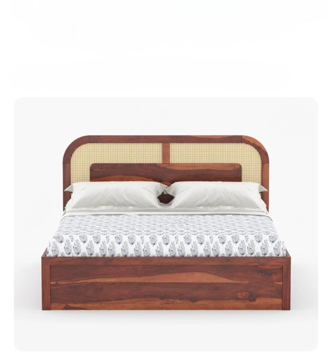 Crave Design sheesham wood rattan trolley storage bed front view