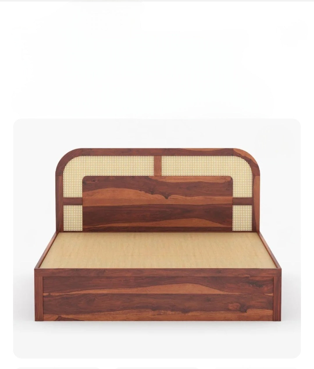 Crave Design sheesham wood bed with rattan cane headboard front angle