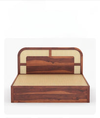 Crave Design sheesham wood bed with rattan cane headboard front angle