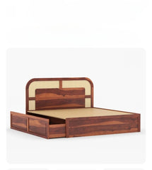 Crave Design wooden bed with bamboo cane headboard and trolley storage side angle view