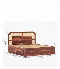 Crave Design sheesham wood rattan trolley storage bed angled view showing side drawers and headboard