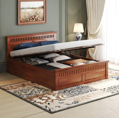 English Panel Design double bed with hydraulic storage in solid wood