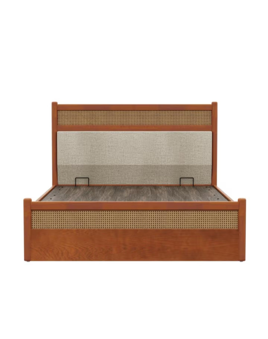 Rich Look hydraulic storage double bed front view with rattan cane headboard