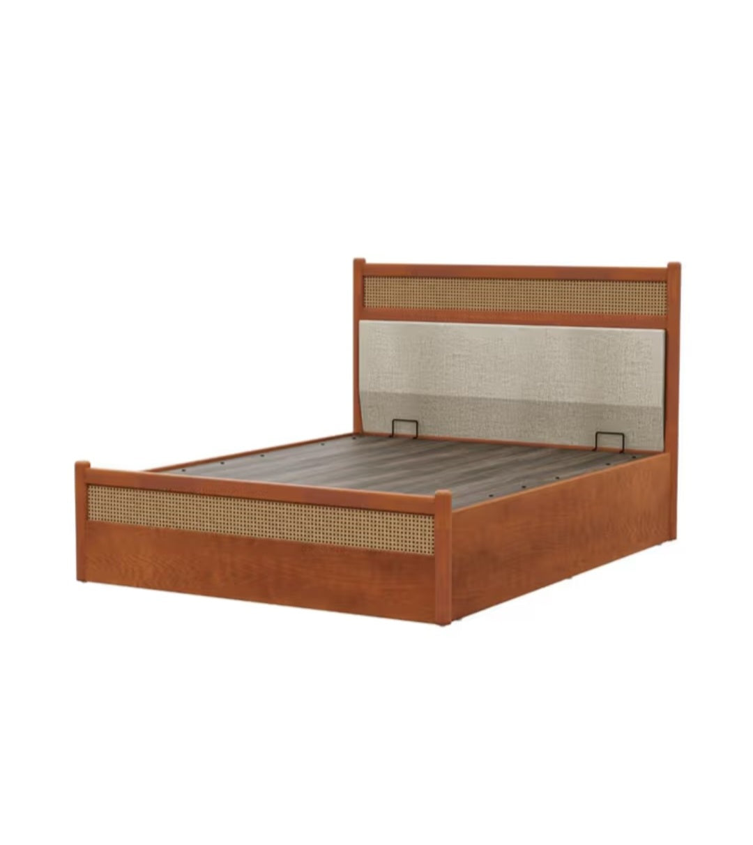 Rich Look hydraulic storage double bed angled front view with rattan cane headboard