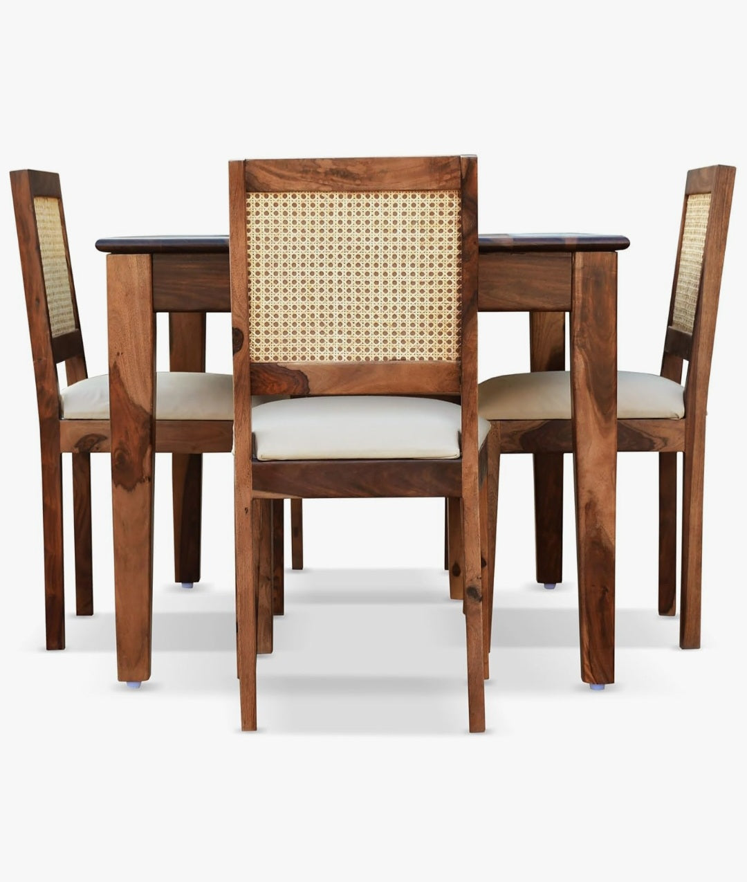 4 seater acacia solid wood dining set with rattan cane chairs and cushioned seating by Sunrise Furniture