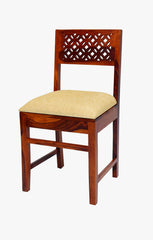 Sheesham wood dining chair with cushioned fabric seating and jigsaw design backrest