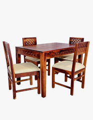 Sheesham wood dining table set with jigsaw cutting design and cushioned seating, complete set view