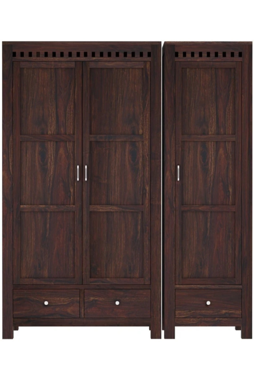 Sheesham solid wood three door wardrobe with spacious storage and natural wood finish