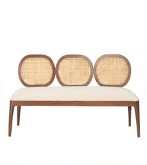 Sheesham wood bench rear angle showing cane backrest and solid frame