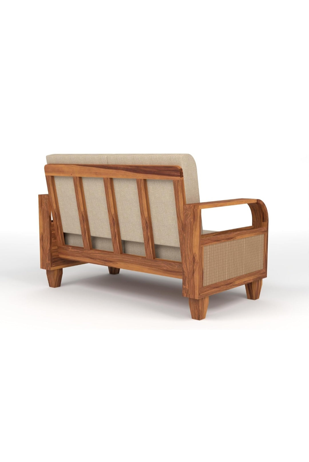 Crave Armrest 2 seater sofa side view showing wooden armrest design in solid Sheesham wood