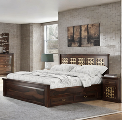 Rajwadha look trolley storage bed in sheesham wood with side trolley drawers