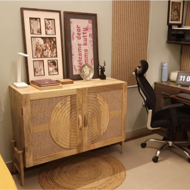 Two door mango wood with ratten storage cabinet