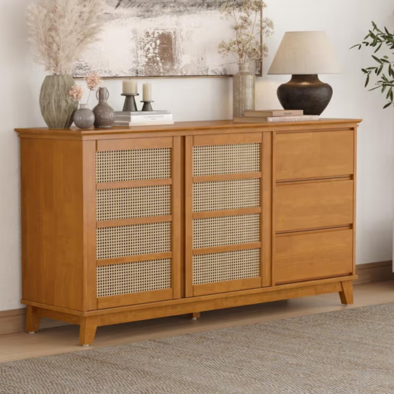 Three drawer two door ratten storage cabinet