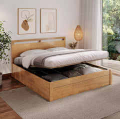Mango wood hydraulic storage double bed