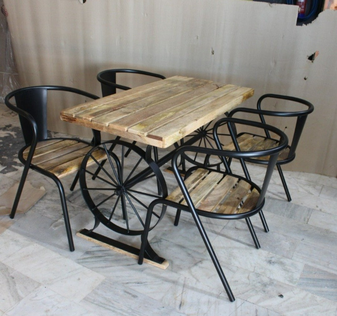 Four Seater Restaurant Furniture table and chairs set with wooden seating and black powder-coated iron frame – Sunrise Furniture