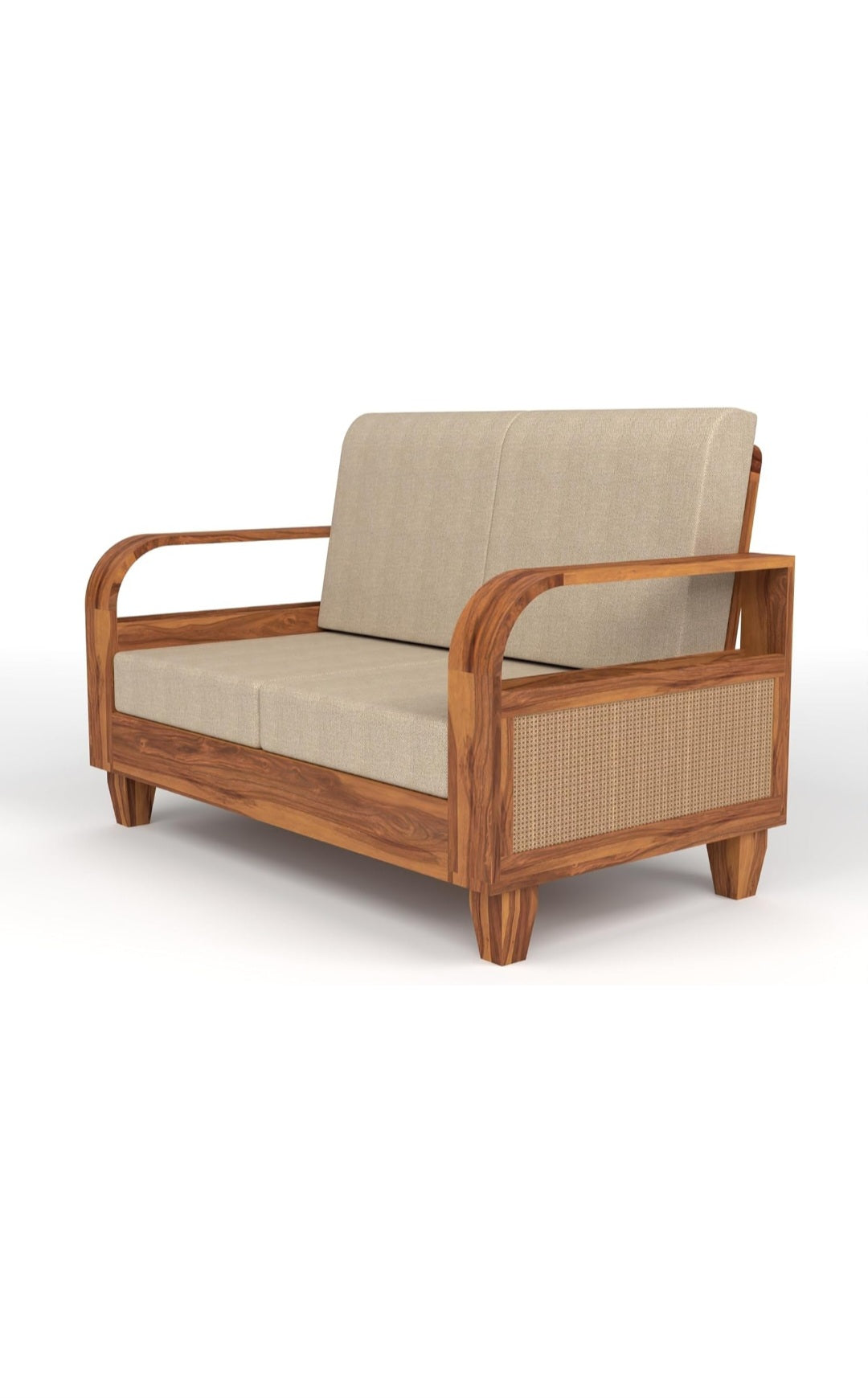 Crave Armrest 2 seater sofa side view by Sunrise Furniture in solid Sheesham wood with cushioned seating for living room