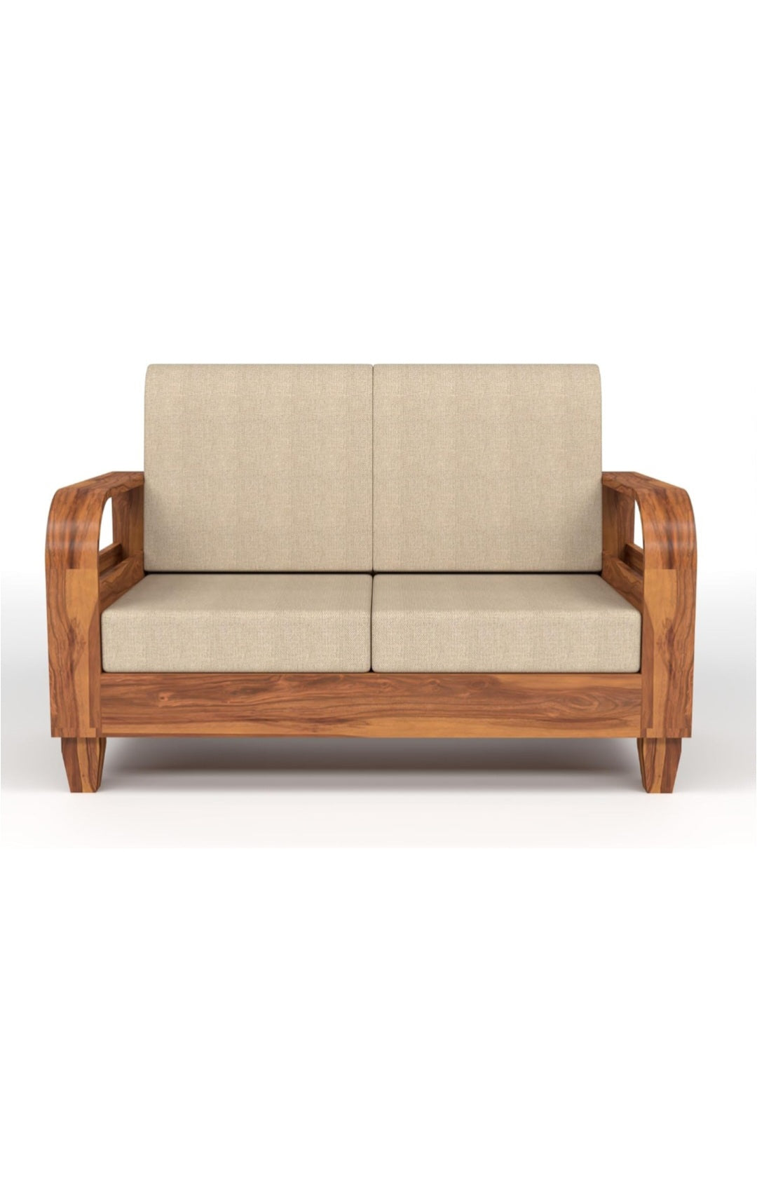 Crave Armrest 2 seater sofa by Sunrise Furniture in Sheesham wood front view with cushioned seating